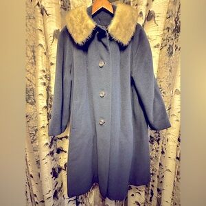 Vintage Pioneer Furlaine Navy Wool Coat with Real Fur Collar and Silk Lining